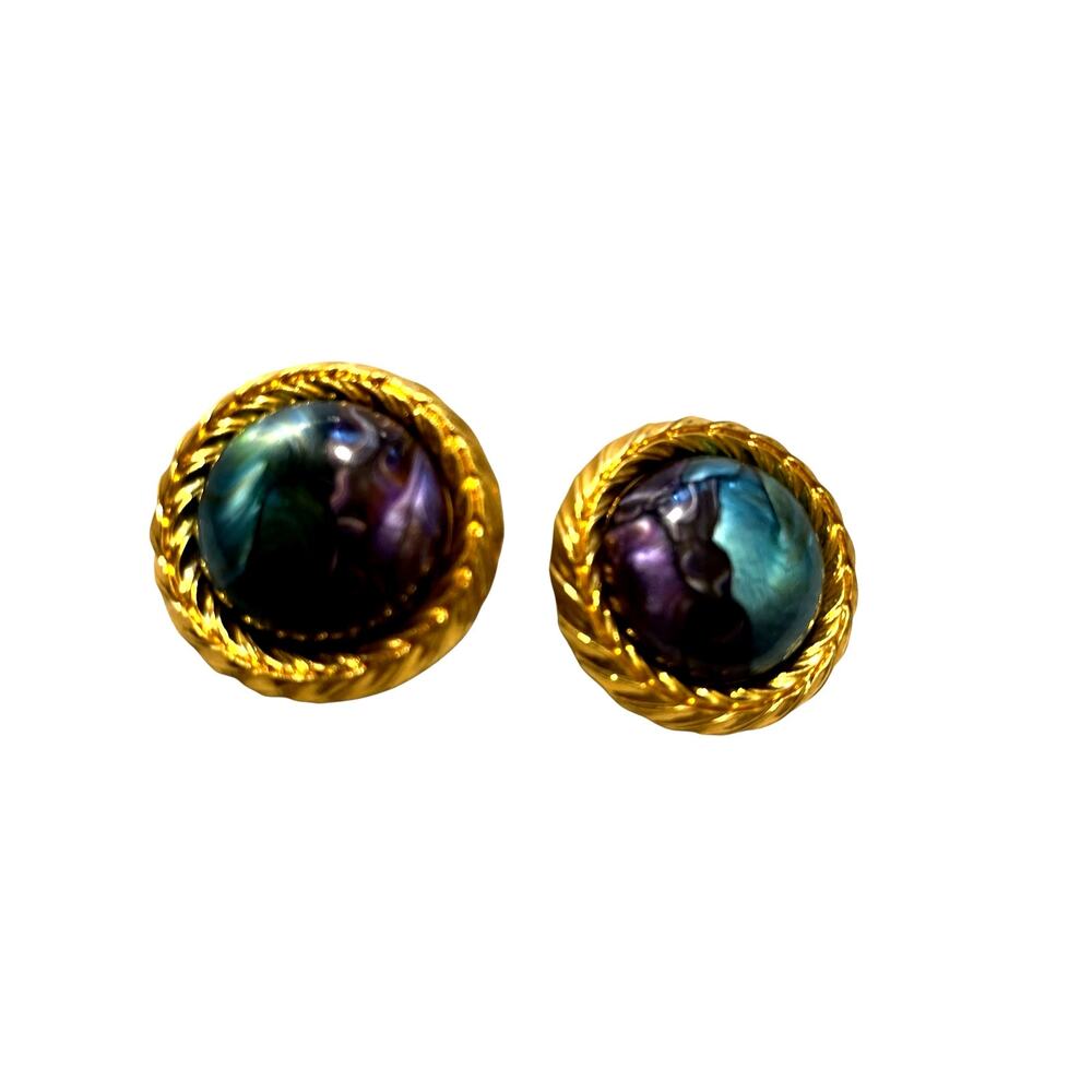 Vintage Gold Tone Blue Marbled Clip On Earrings